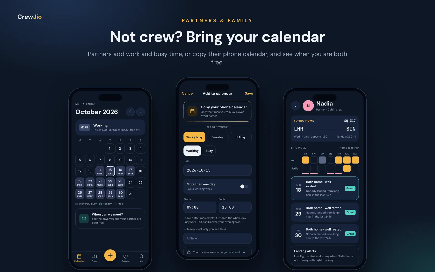 CrewJio app screens showing partner and family sharing