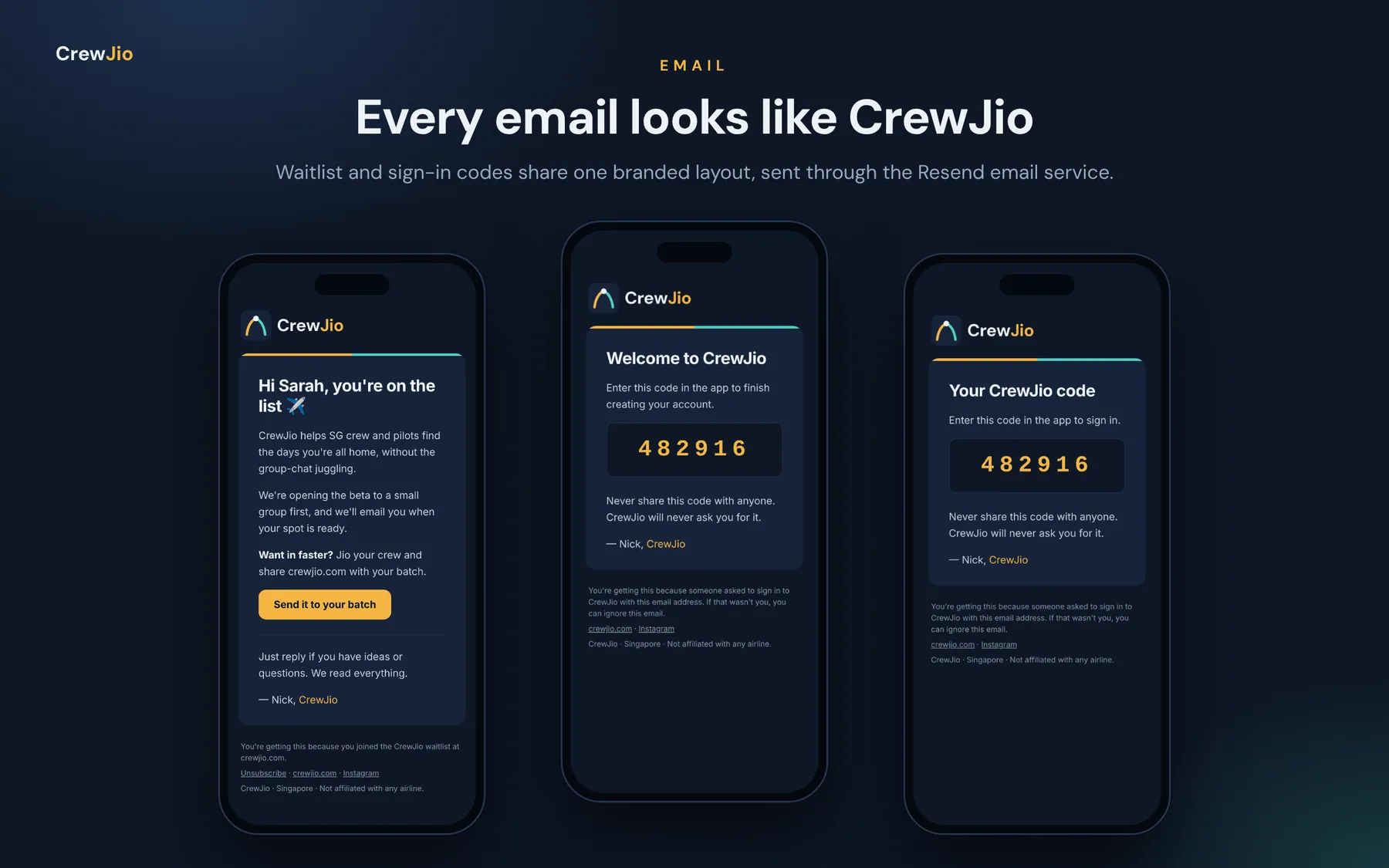 CrewJio branded emails for waitlist confirmation and sign-in codes