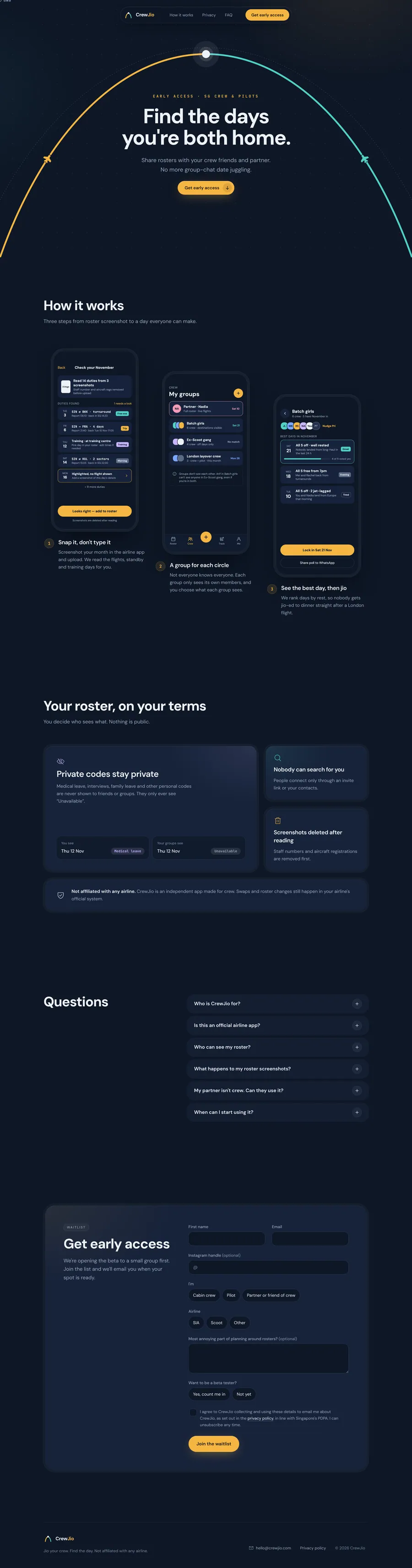 Full CrewJio landing page on a phone, scrollable