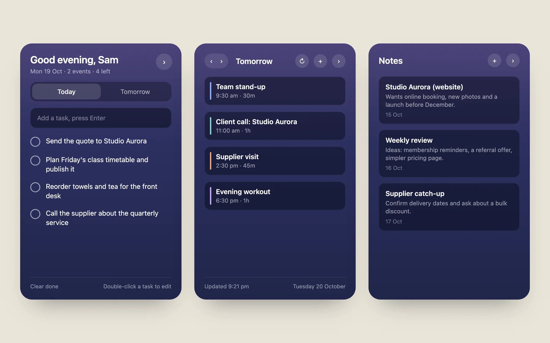 Demo screens of the MacBook dock widget: a daily to-do list, tomorrow's calendar and a meeting notes list, all with made-up data