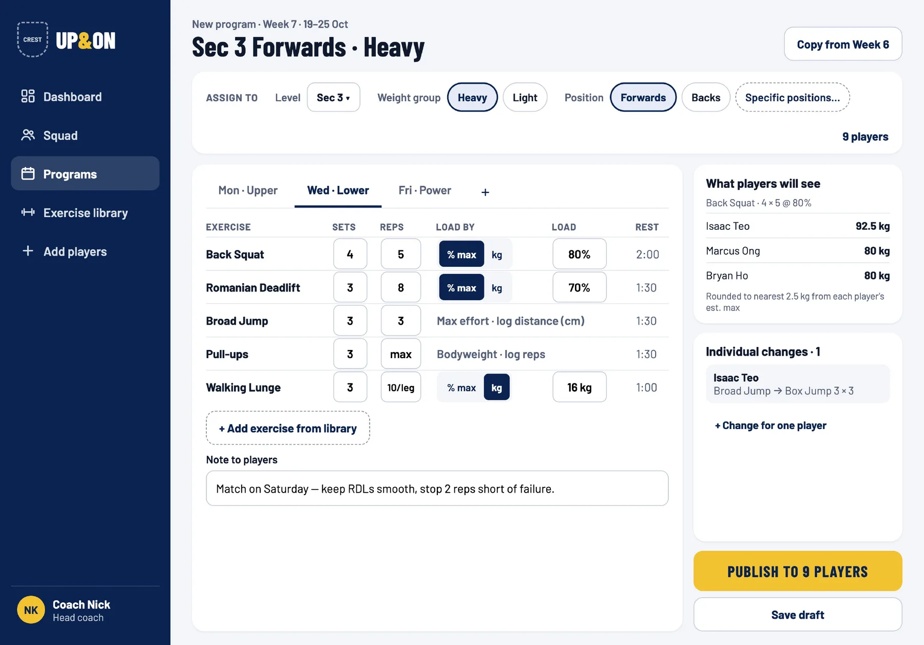 Screens of the coach program builder assigning a week of lifts to a group of players